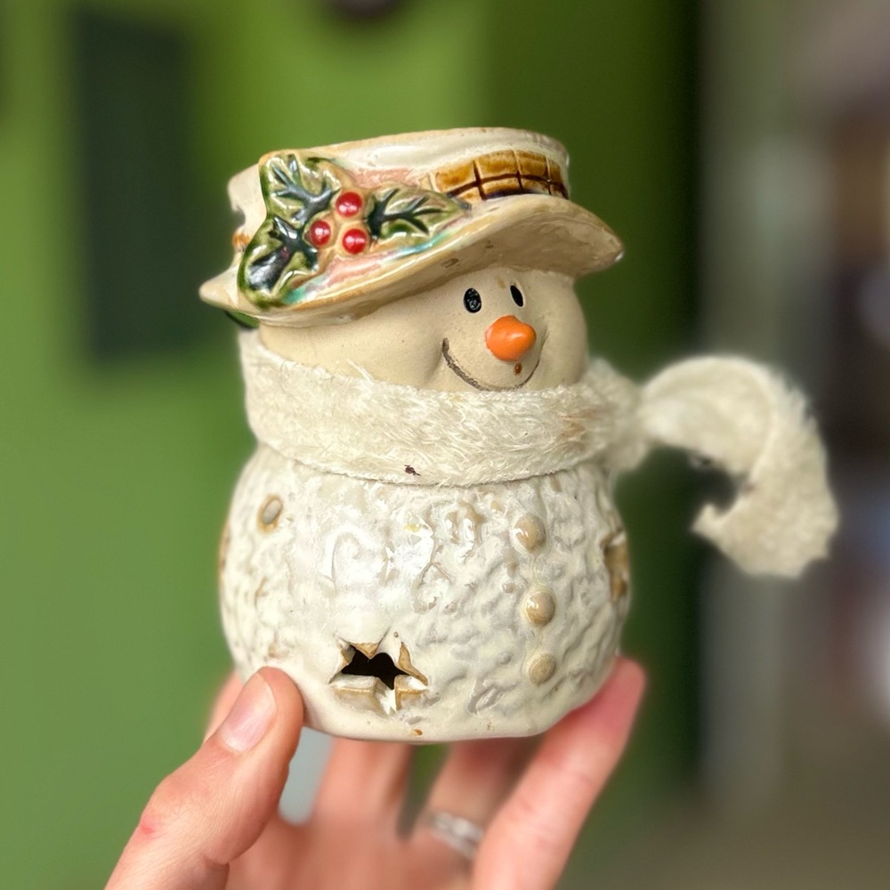 Vintage Snowman Winter Seasonal Festive Pottery Ceramic Tealight Candle Holder - Picture 5 of 12